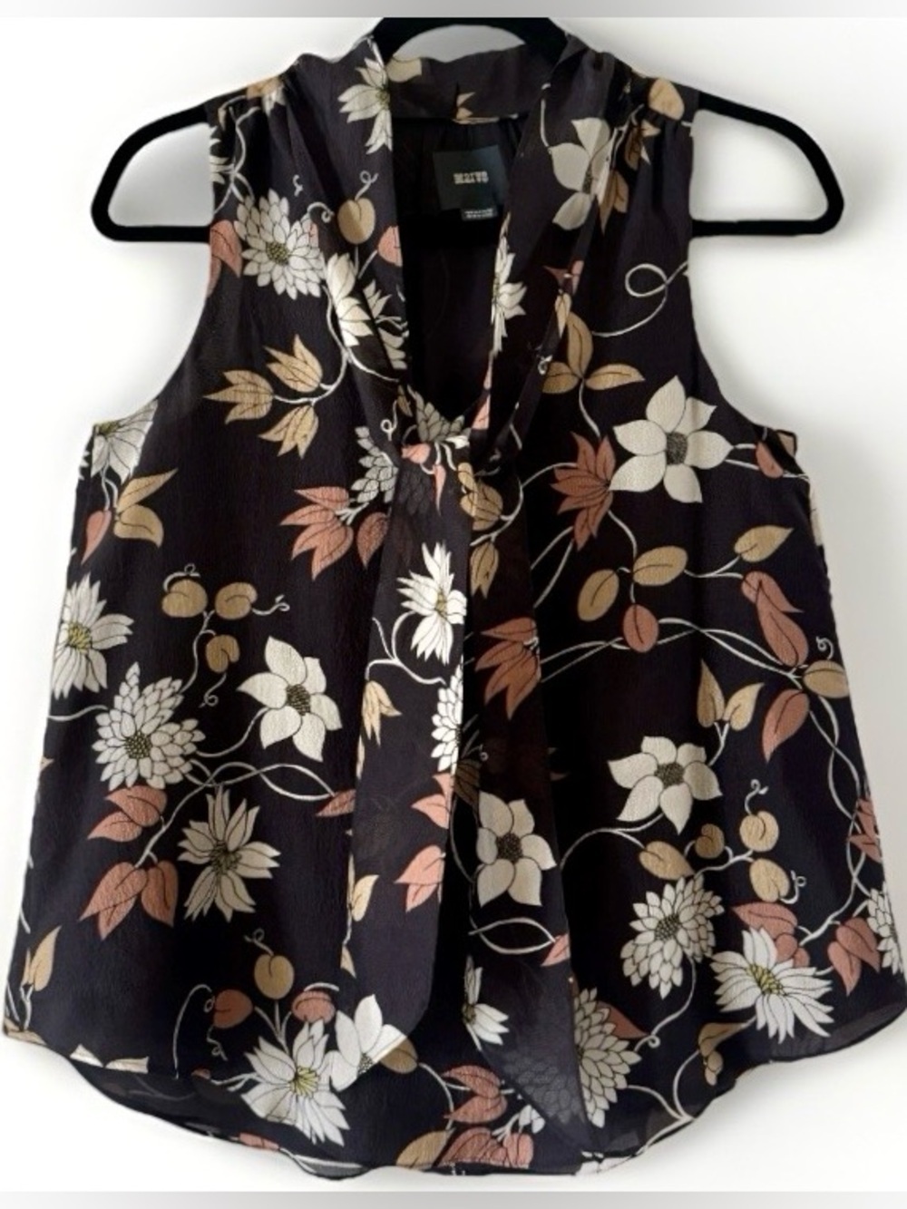 Anthropologie Maeve Silk Bow Tie Floral Sleeveless Blouse 0 Quiet Luxury